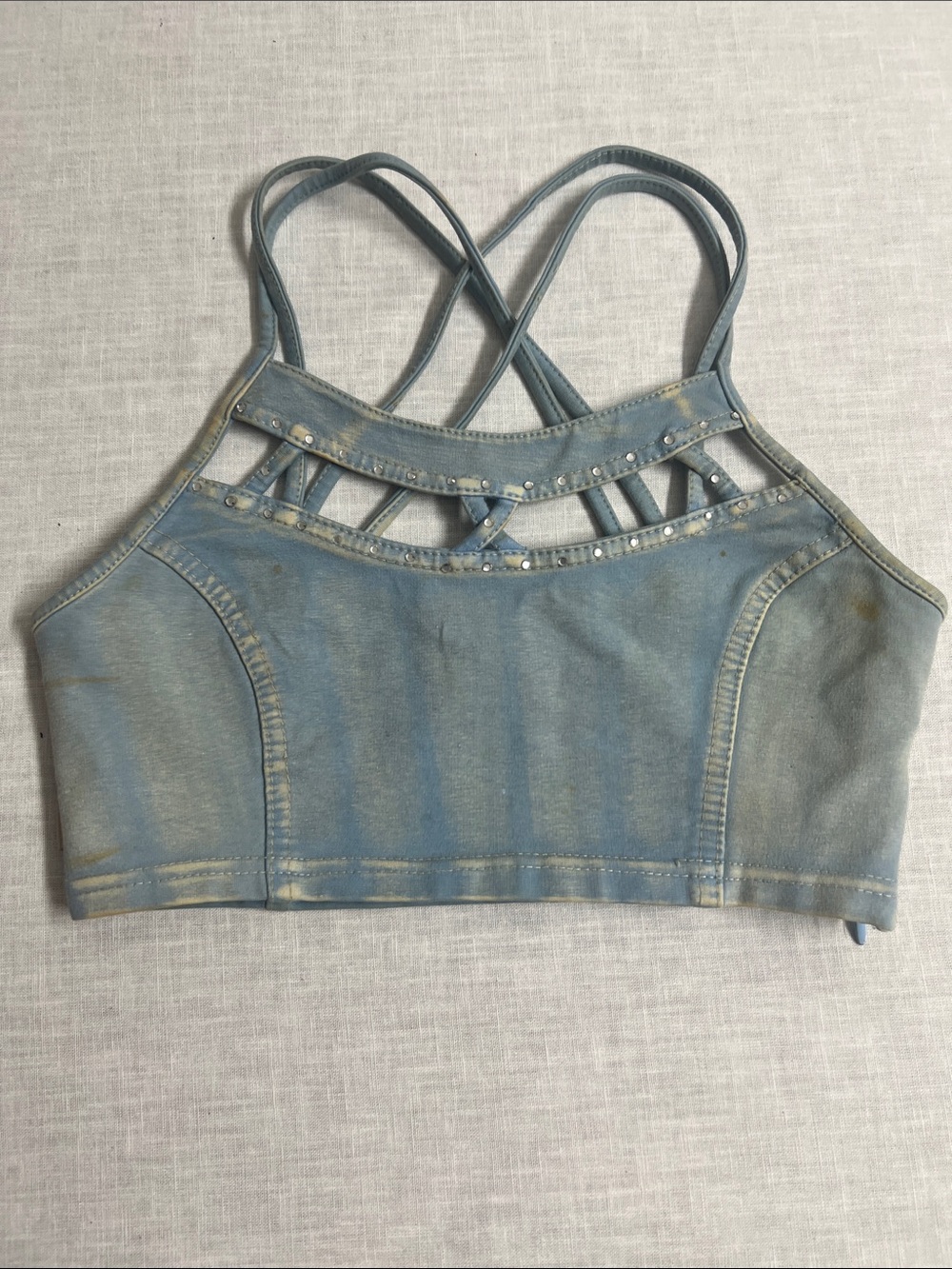 🌞 Virgin Only Y2k light blue rhinestone strap accents cleavage crop top women S